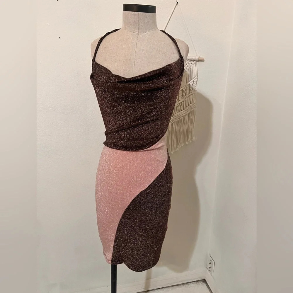 naked wardrobe Pink and Brown Metallic Backless Cowl Mini Dress